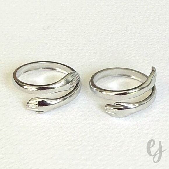 Hugging Hands Adjustable Ring Set – 2 Silver Tone Rings - Picture 1 of 9